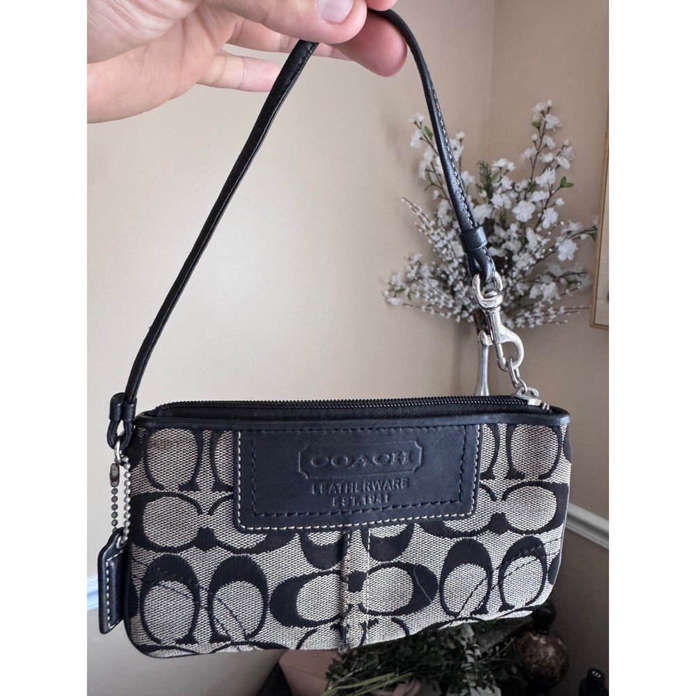 Coach Signature C Wristlet Black Gray Canvas Leather Trim Logo Pouch